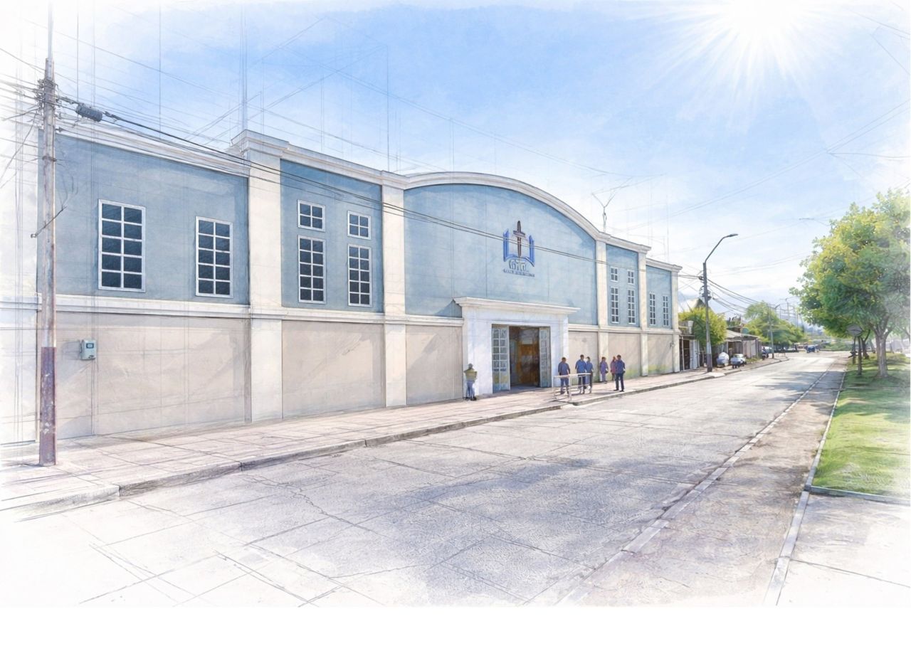 Ilustración en acuarela del templo de la 1ª IUMP de Rancagua, calle Bandera 637